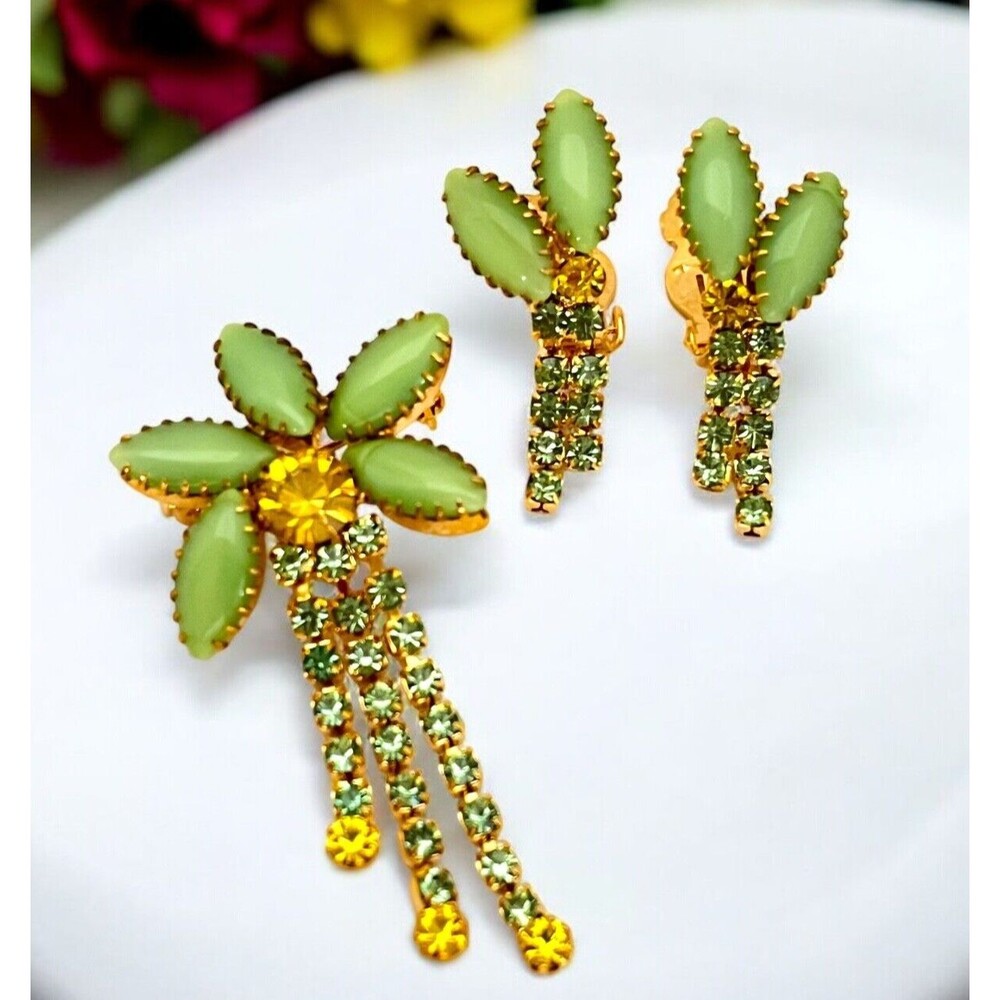 Vintage Brooch & Earring Set Rhinestones Green Yellow Demi-Parure Mcm 9v